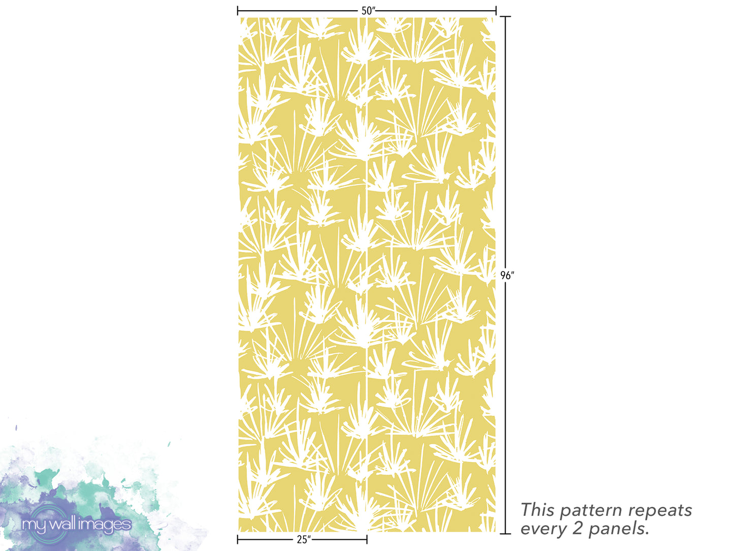 a repeating pattern of yellow leaves or flowers on a white background. The pattern repeats every 2 panels, and the image is 25 inches tall.