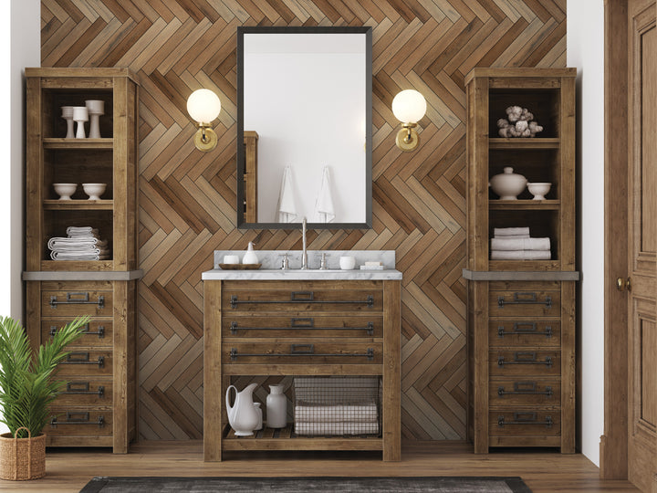 a modern bathroom with a wooden vanity, a mirror, and two wooden shelves. The bathroom has a herringbone pattern on the walls and features a white marble countertop.