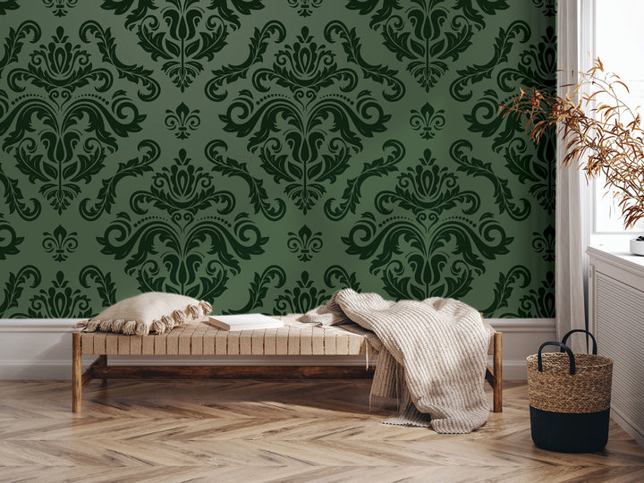 a modern living room with a green damask wallpaper, a wooden bench, and a woven basket.