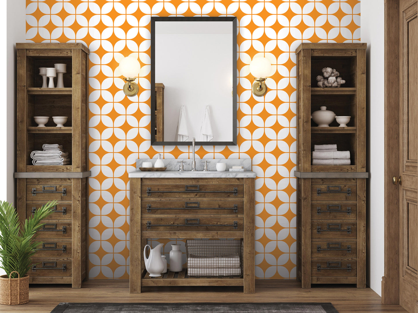 a bathroom with a wooden vanity, a mirror, and shelves. The walls are covered in a repeating pattern of orange and white circles, creating a vibrant and modern design.