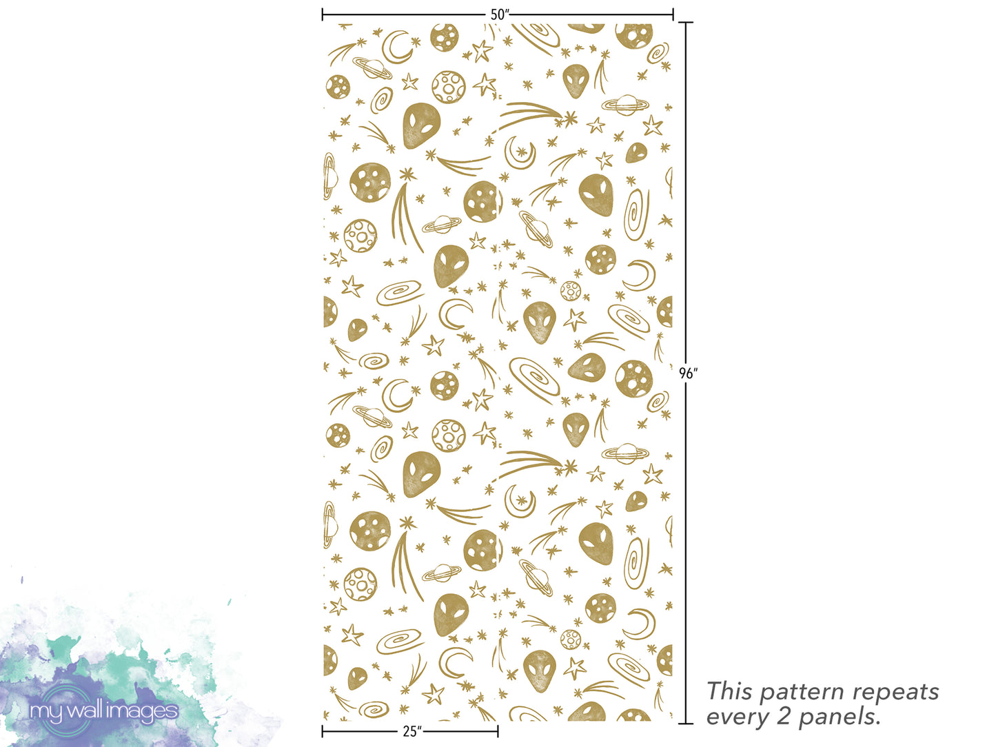 The image is a repeating pattern of various celestial objects, including planets, stars, and comets, arranged in a repeating design. The pattern repeats every 2 panels.