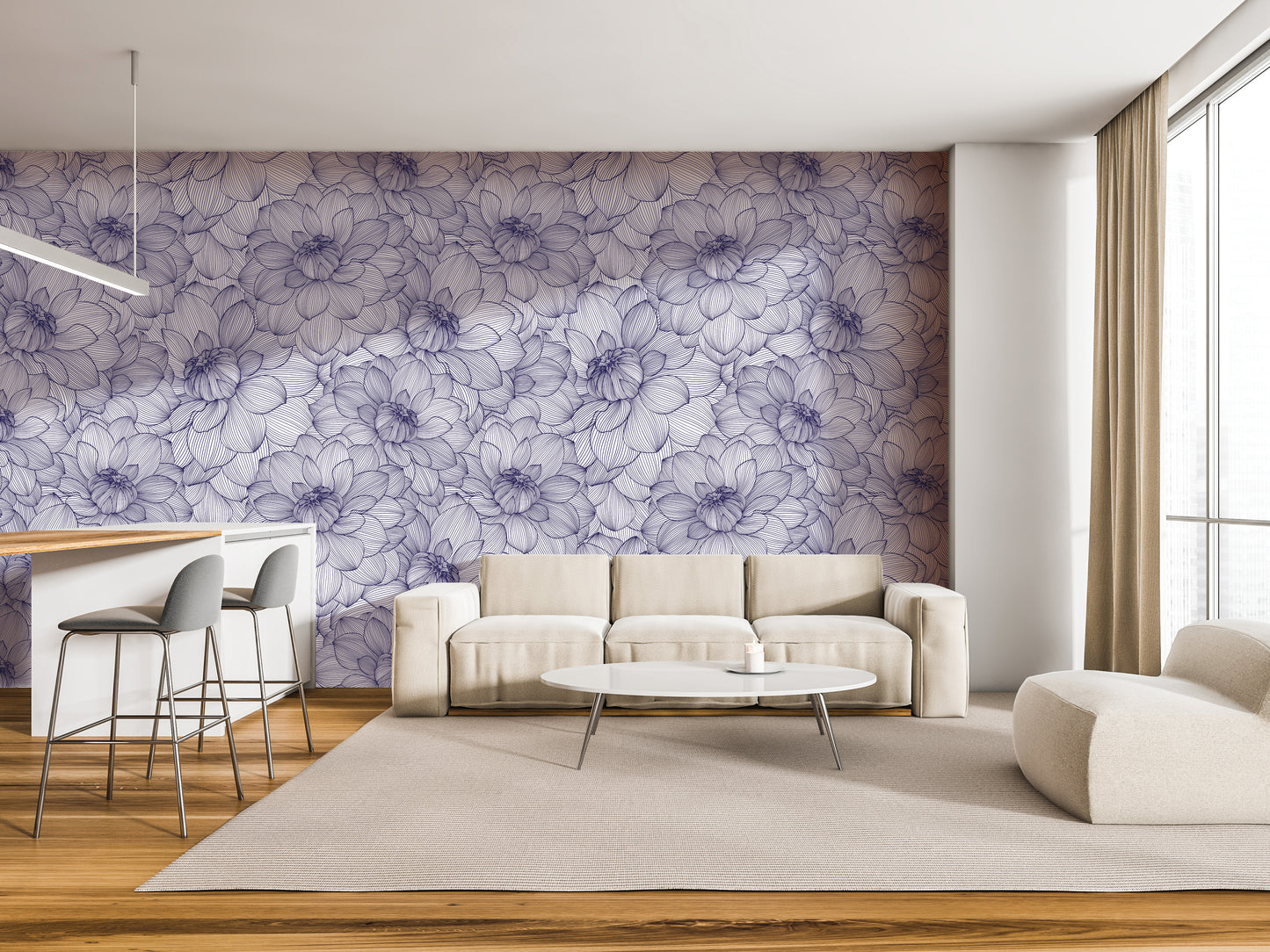 a modern living room with a large floral wallpaper on the wall, a white sofa, a round coffee table, and a bar with stools.