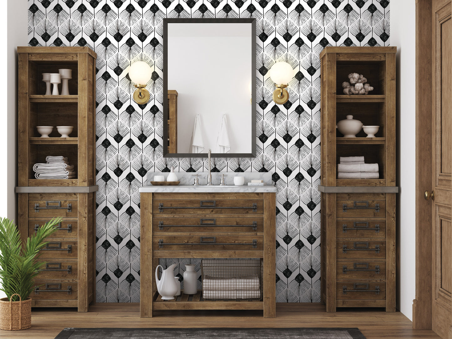 a modern bathroom with a wooden vanity, a mirror, and two wooden cabinets. The walls are covered in a geometric black and white pattern, and the room is well-lit with two wall sconces.