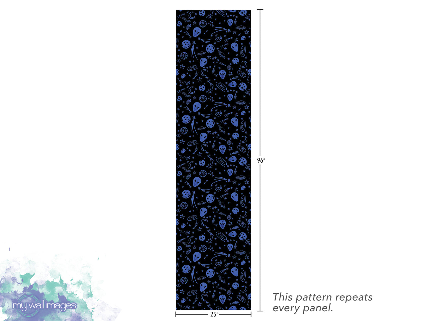 The image is a vertical panel with a repeating pattern of blue skulls and other skull-like shapes. The pattern repeats every panel, and the image is described as a "repeats every panel" and "25" inches long.