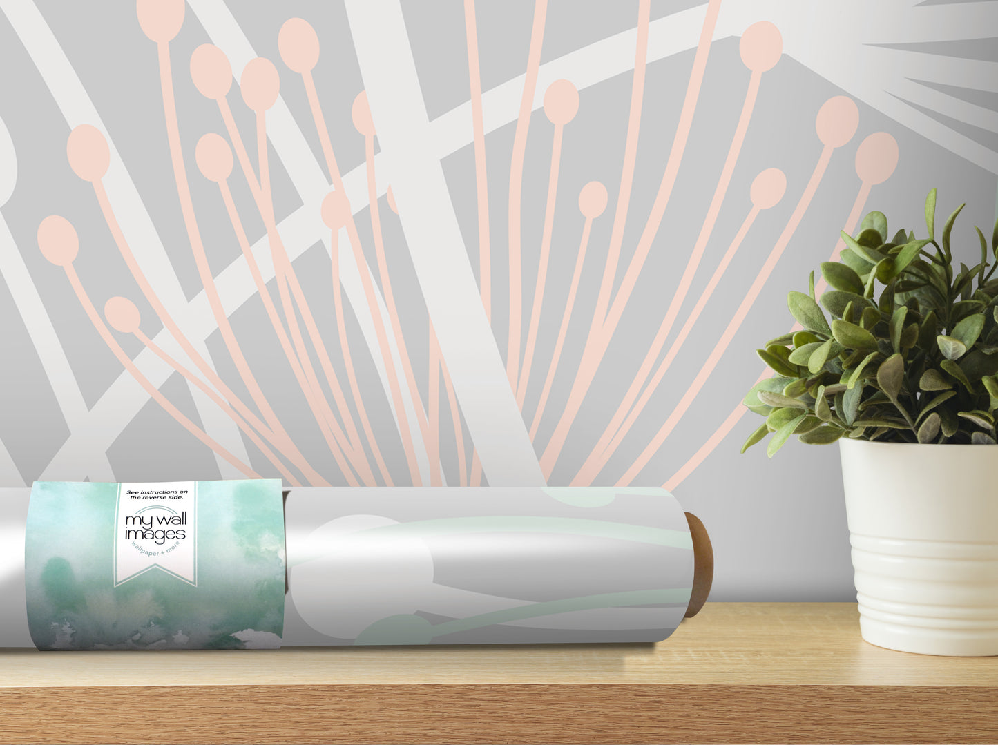 a wallpapered wall with a potted plant on a shelf next to it.