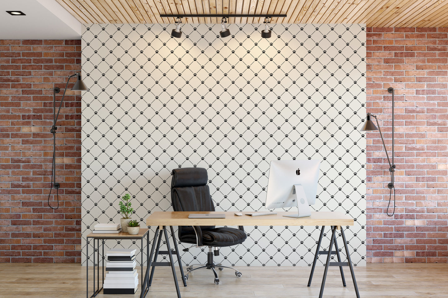 a modern office space with a wooden desk, a black leather office chair, and a white computer monitor. The desk is positioned in front of a brick wall with a black and white diamond pattern. The room has a minimalist and contemporary design, with a wooden ceiling and recessed lighting.