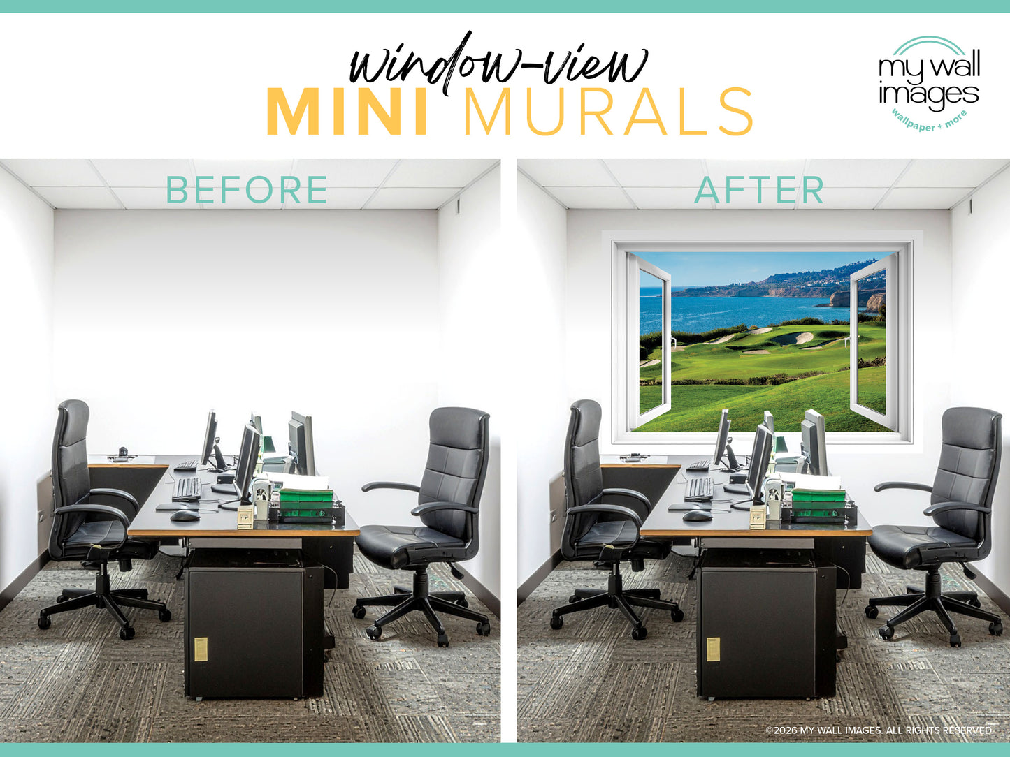 a before and after comparison of a room with a window mural. The before image depicts a plain office space with a desk, chairs, and a computer setup, while the after image features the same office space with a large window mural depicting a golf course and ocean view.