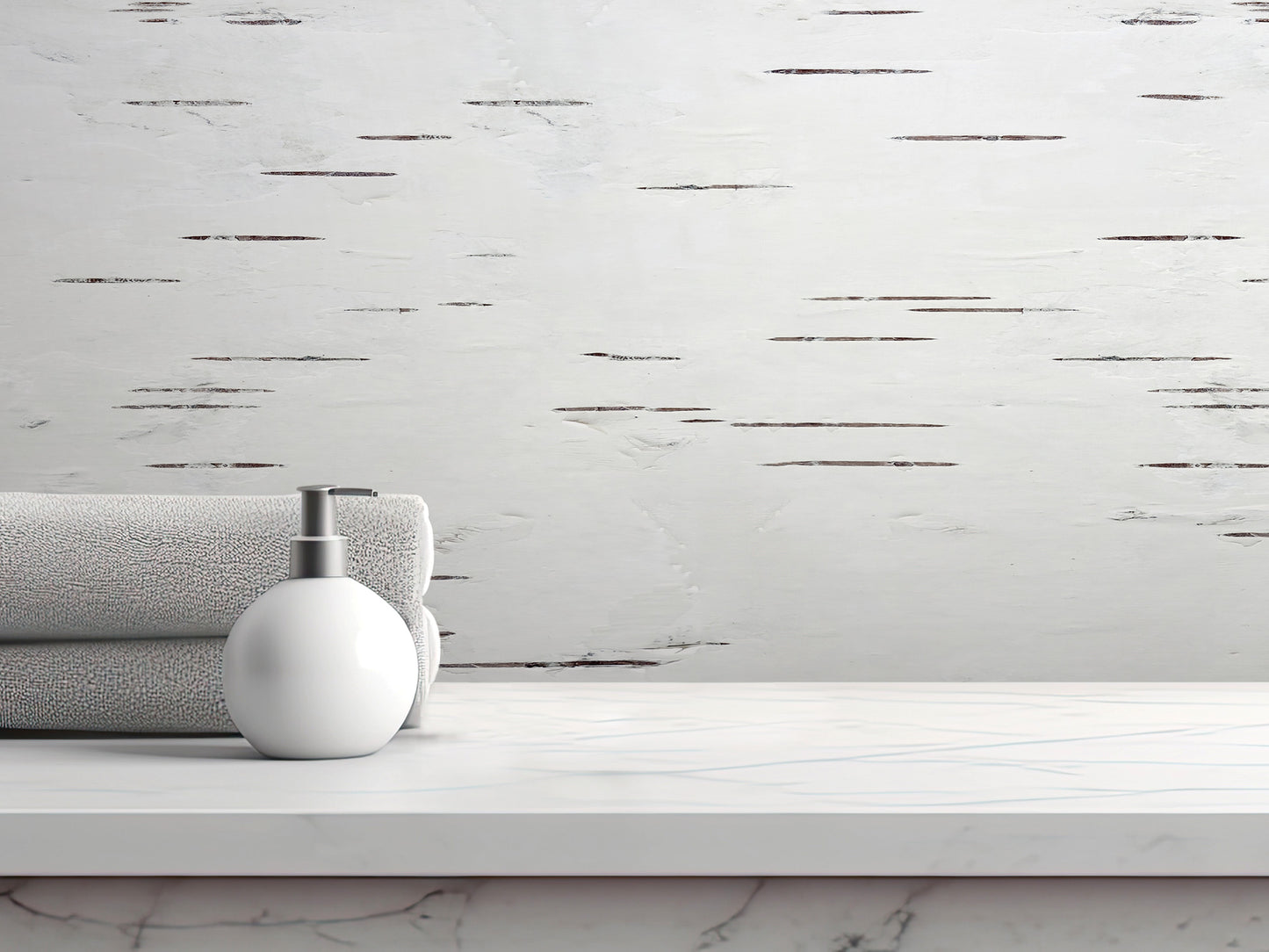 A white soap dispenser sits on a white countertop, with a rolled-up gray towel nearby. The background is a white wall with a textured pattern.