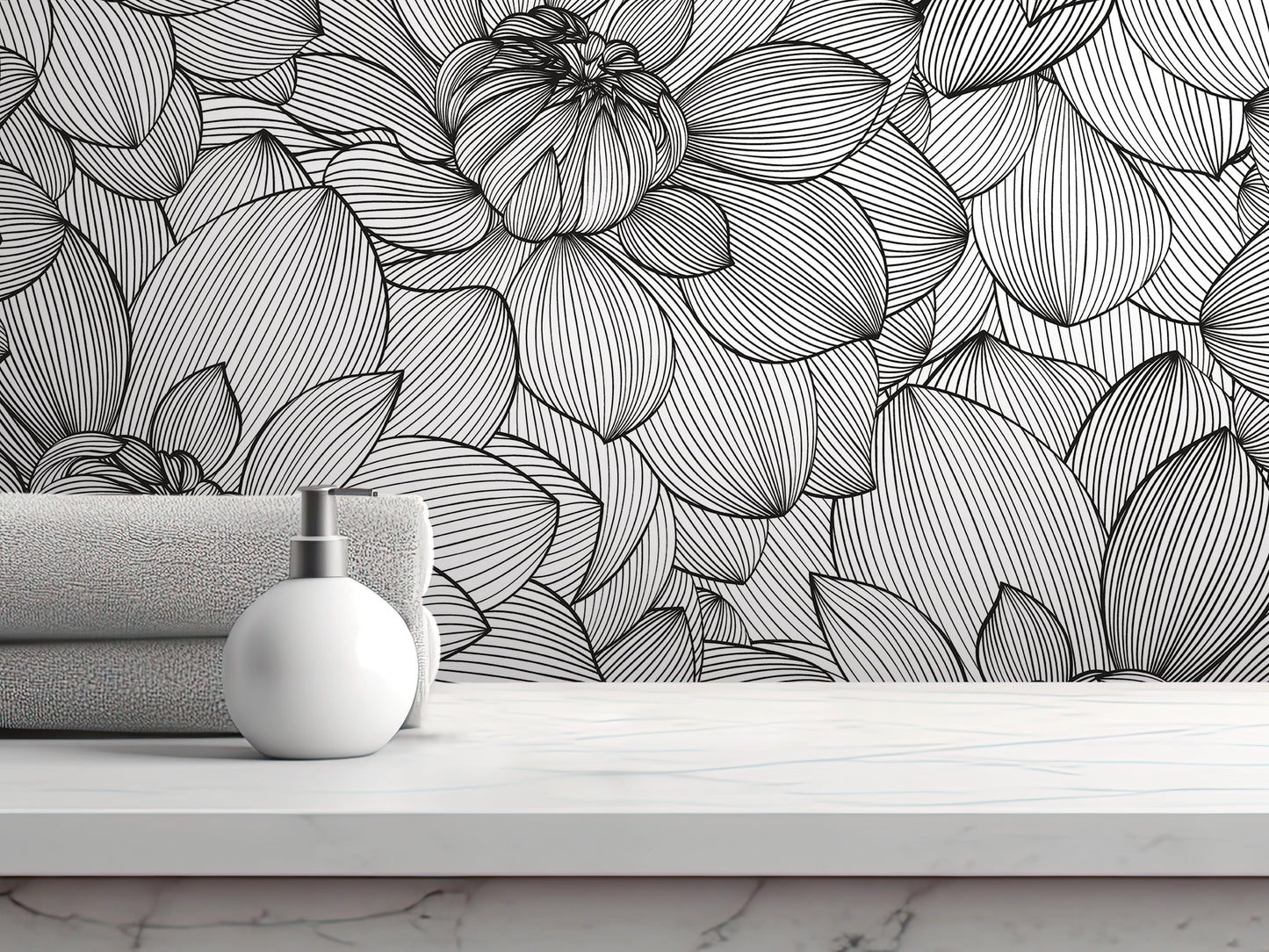 a white bottle on a marble countertop, with a black and white floral patterned wallpaper in the background.