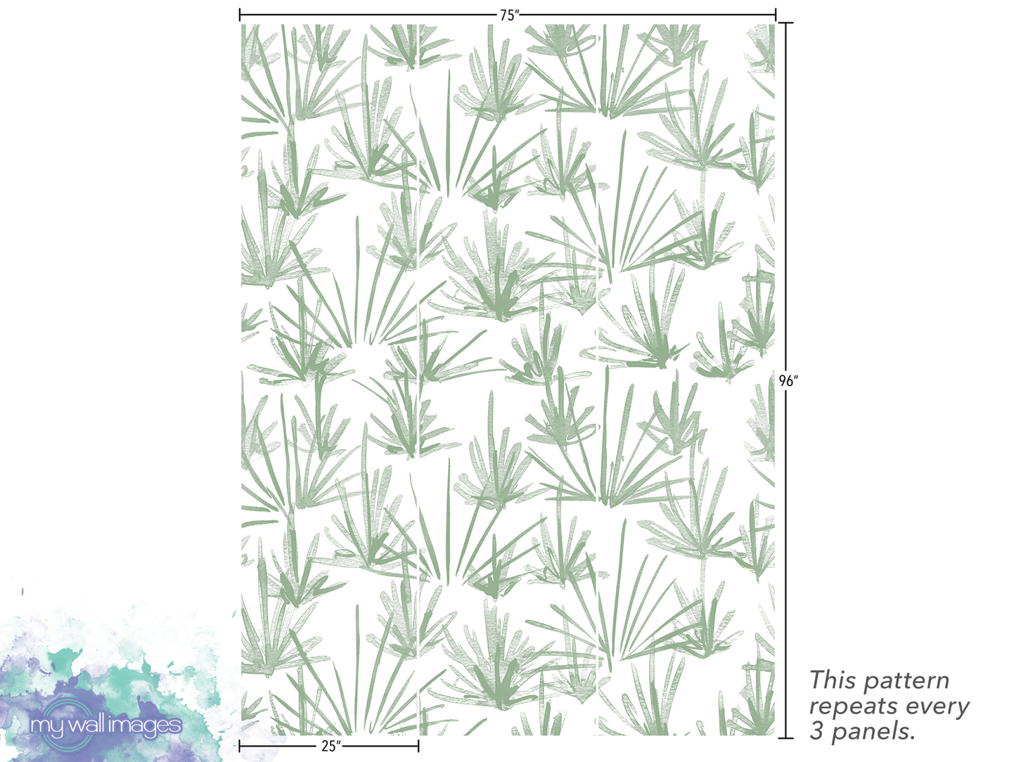 a repeating pattern of green leaves or plants, with the pattern repeating every 3 panels. The pattern is described as a "repeats every 3 panels" design.