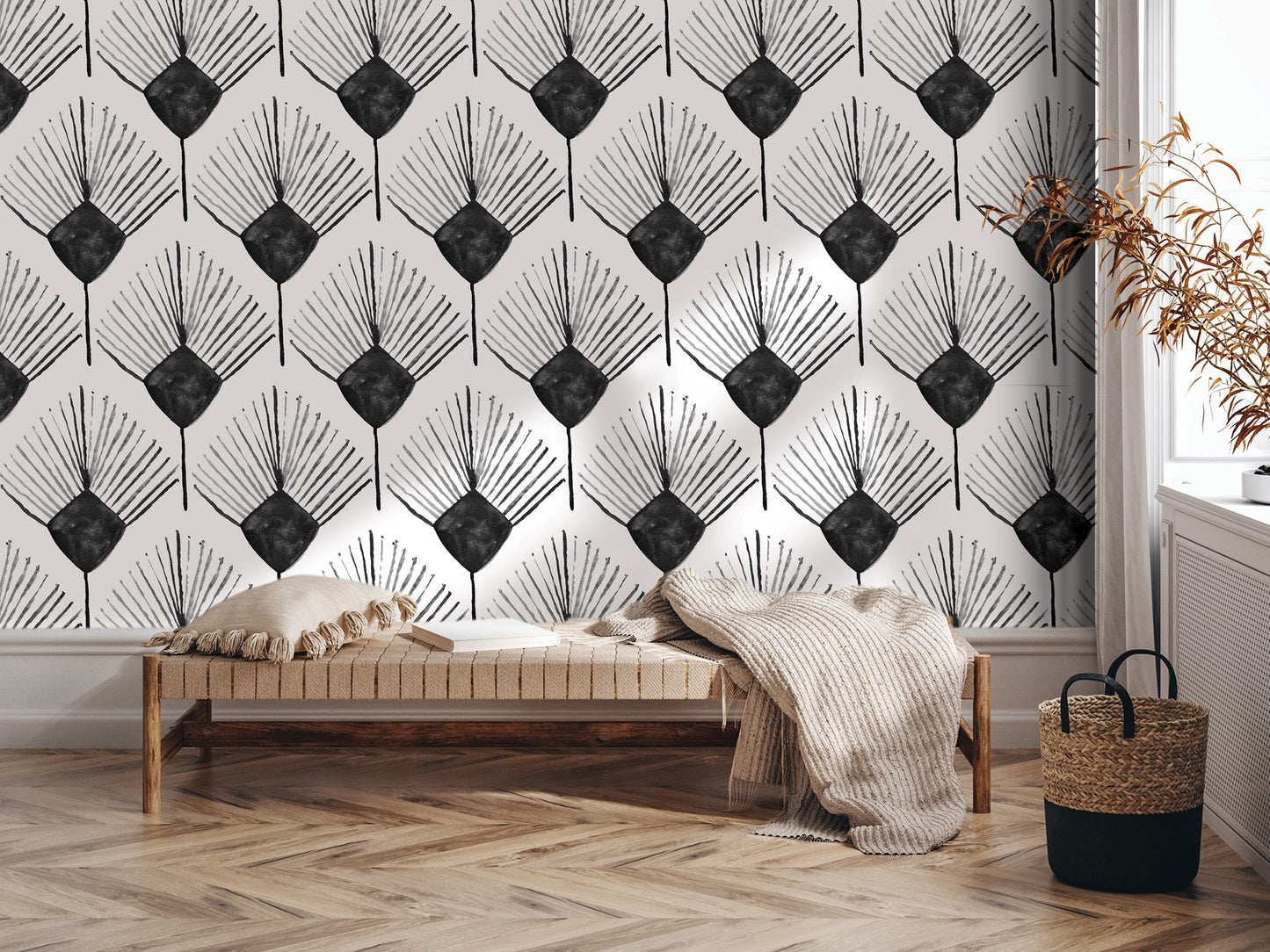 a modern and minimalist interior design with a black and white geometric pattern on the wall behind a wooden bench. The bench is positioned in front of a window, and there is a woven basket nearby. The overall aesthetic is clean and contemporary, with a focus on the geometric pattern and the use of neutral colors.