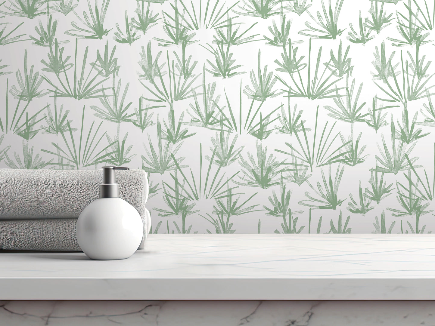 a white countertop with a white soap dispenser and a gray towel, set against a wall with a repeating pattern of green and white plants or leaves.