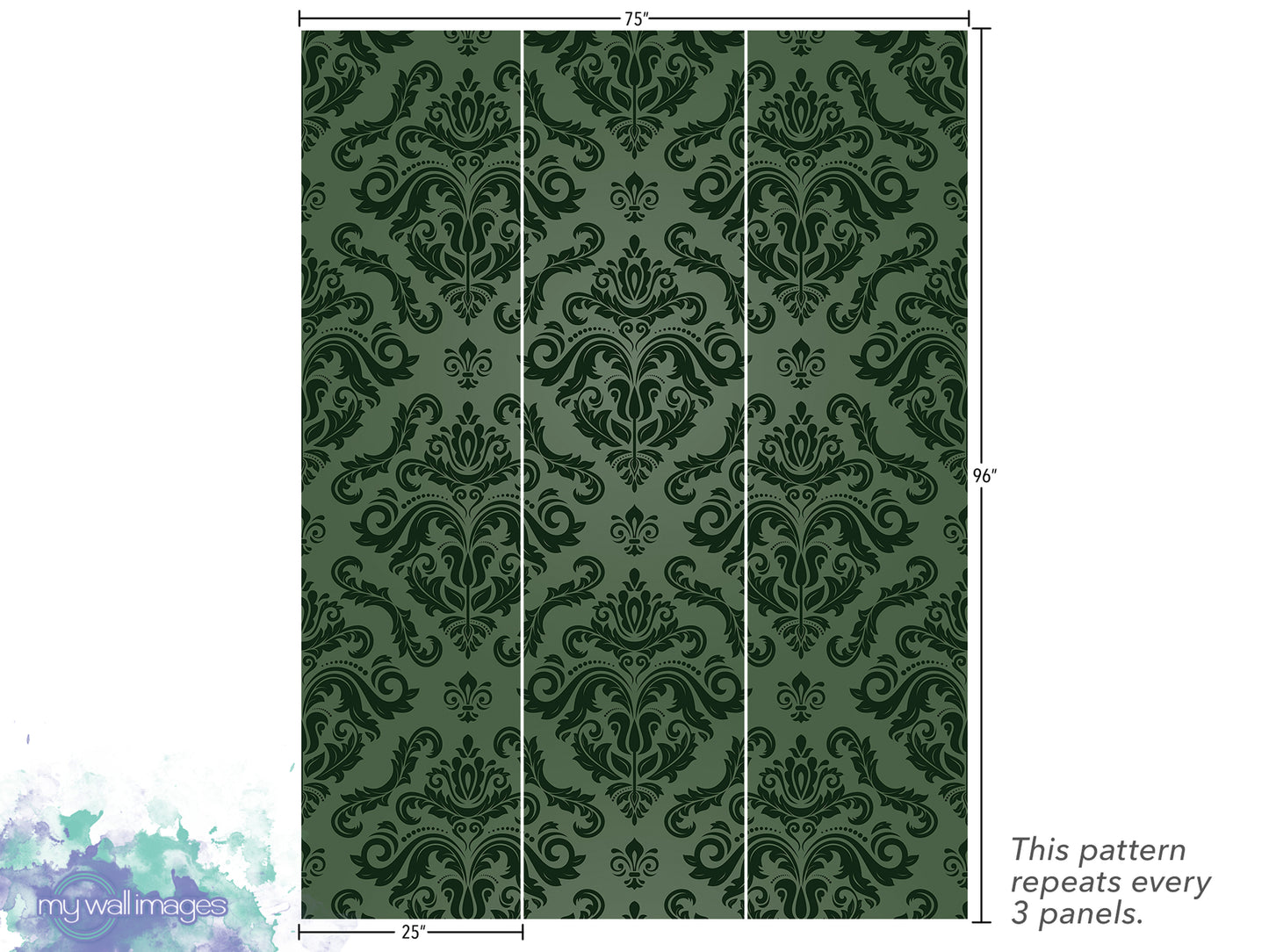a repeating pattern of a green and black damask design, which appears to be a wallpaper or textile pattern. The pattern repeats every 3 panels, and the image is described as a collage of multiple images.