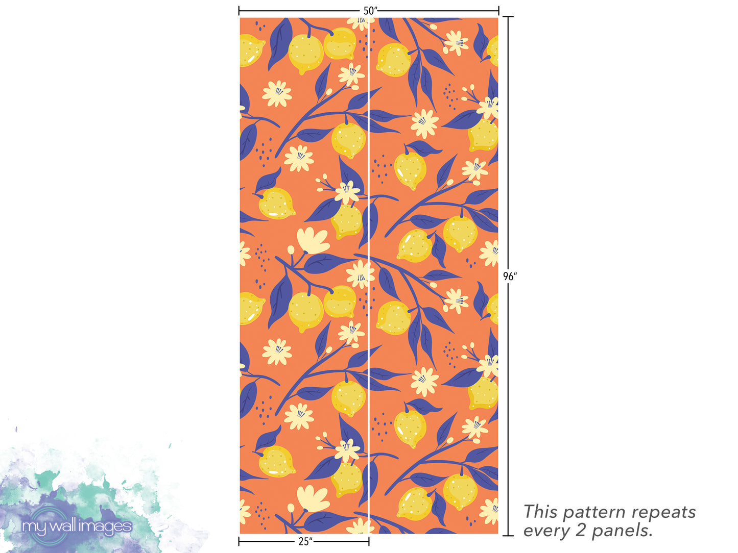 a repeating pattern of orange and yellow flowers and leaves on a vertical panel. The pattern repeats every 2 panels.
