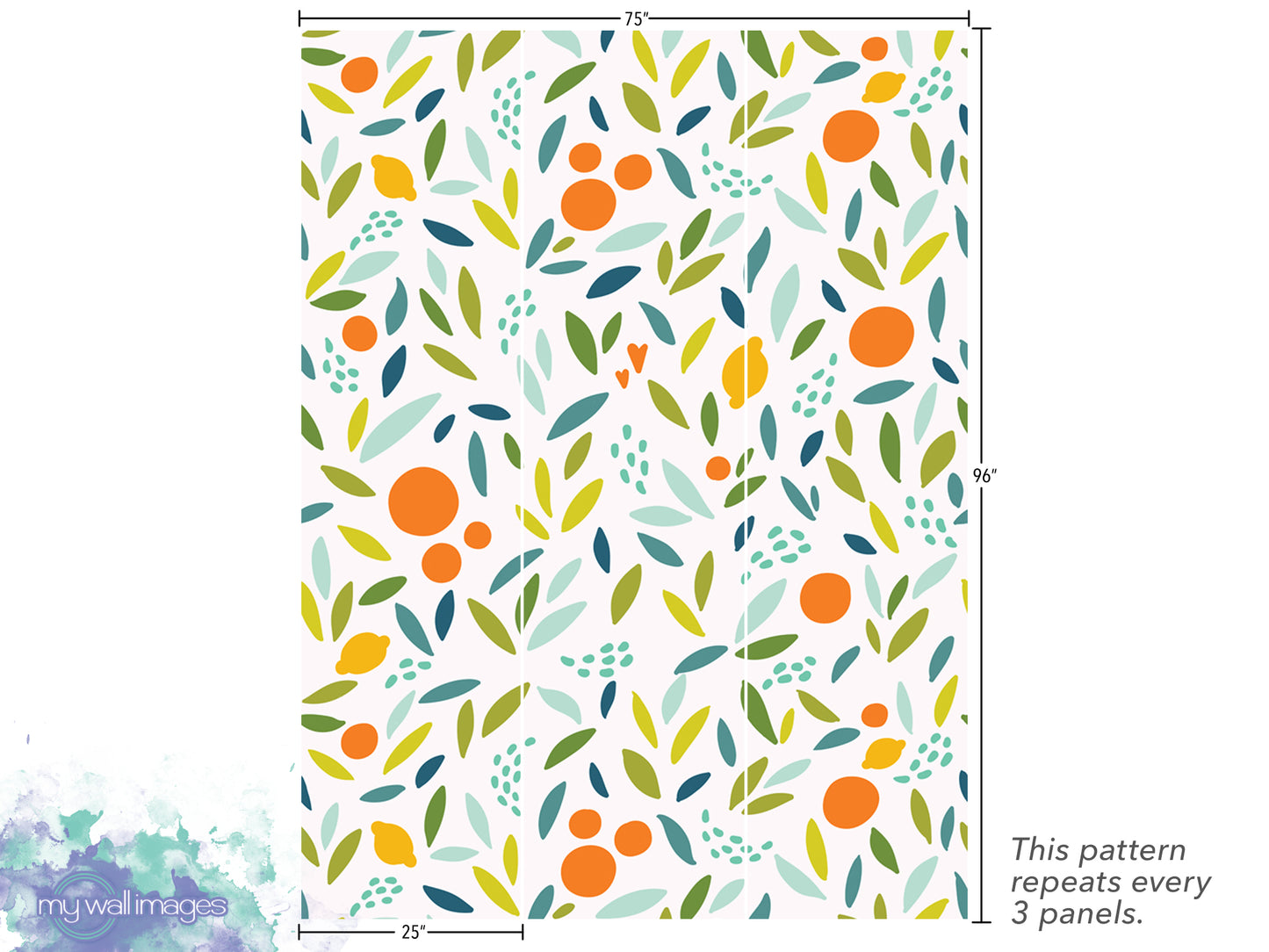 The image is a repeating pattern of various shapes and colors, including leaves, oranges, and other abstract designs. The pattern repeats every 3 panels, and the image is described as a collage of multiple images.