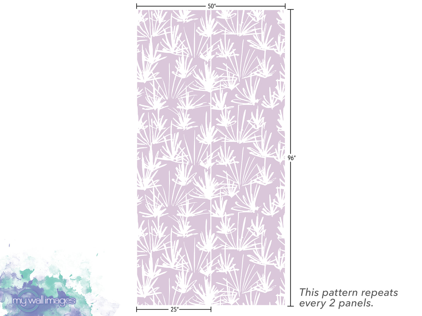 a repeating pattern of white leaves or branches on a purple background. The pattern repeats every 2 panels, and the image is 25 inches tall.