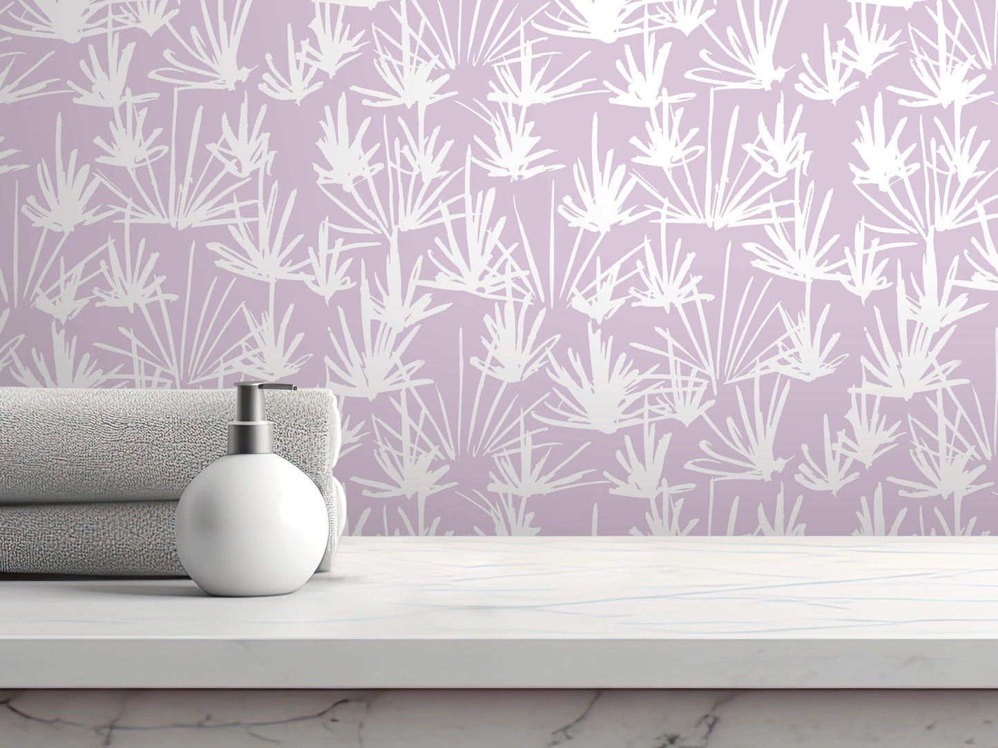 a white pump soap bottle on a white countertop, with a folded towel and a purple wall with a white floral pattern in the background.