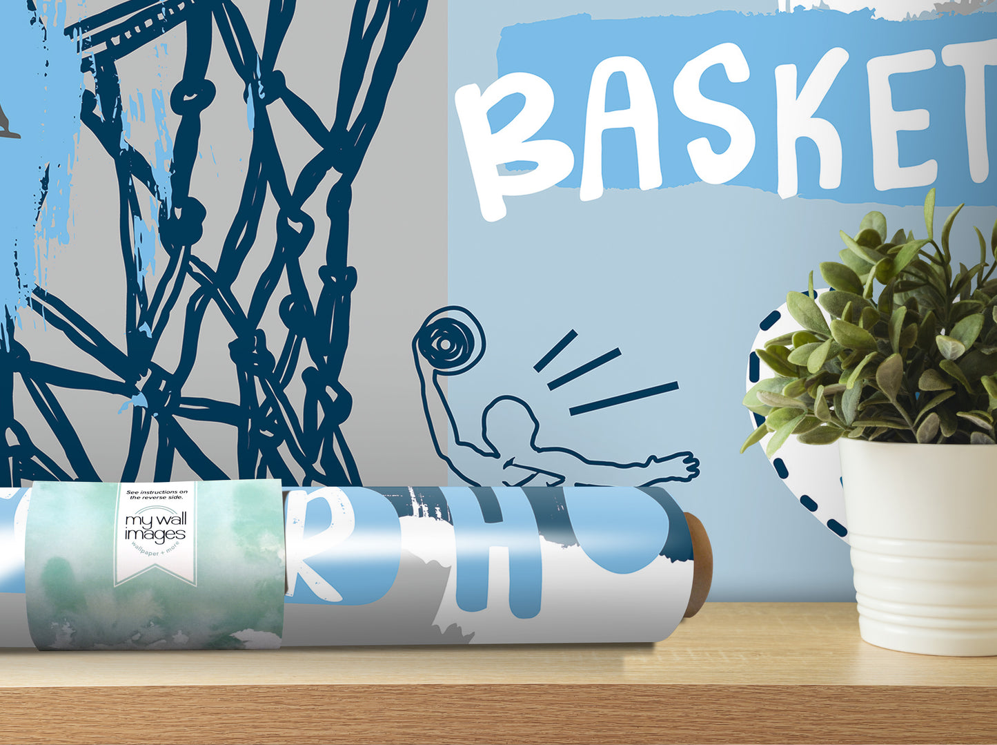a wall with a basketball net and a potted plant, along with a roll of wallpaper or poster that has a basketball design on it.