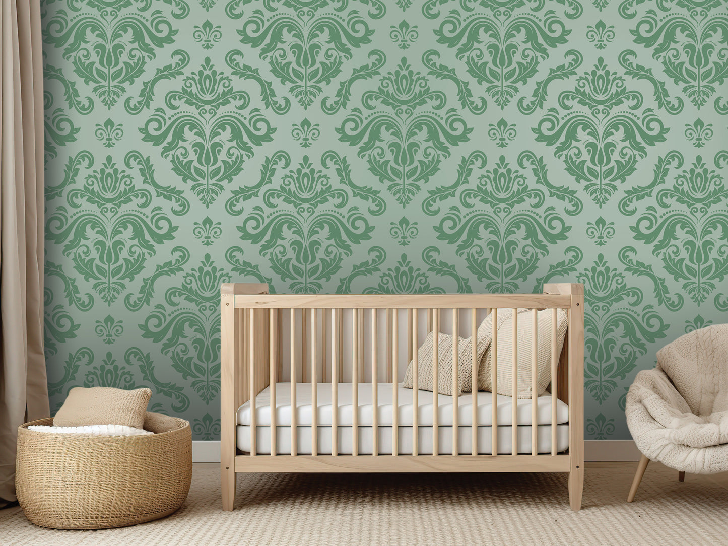 a nursery room with a wooden crib, a woven basket, and a plush chair. The room has a green and white patterned wallpaper, creating a soothing and calming atmosphere.
