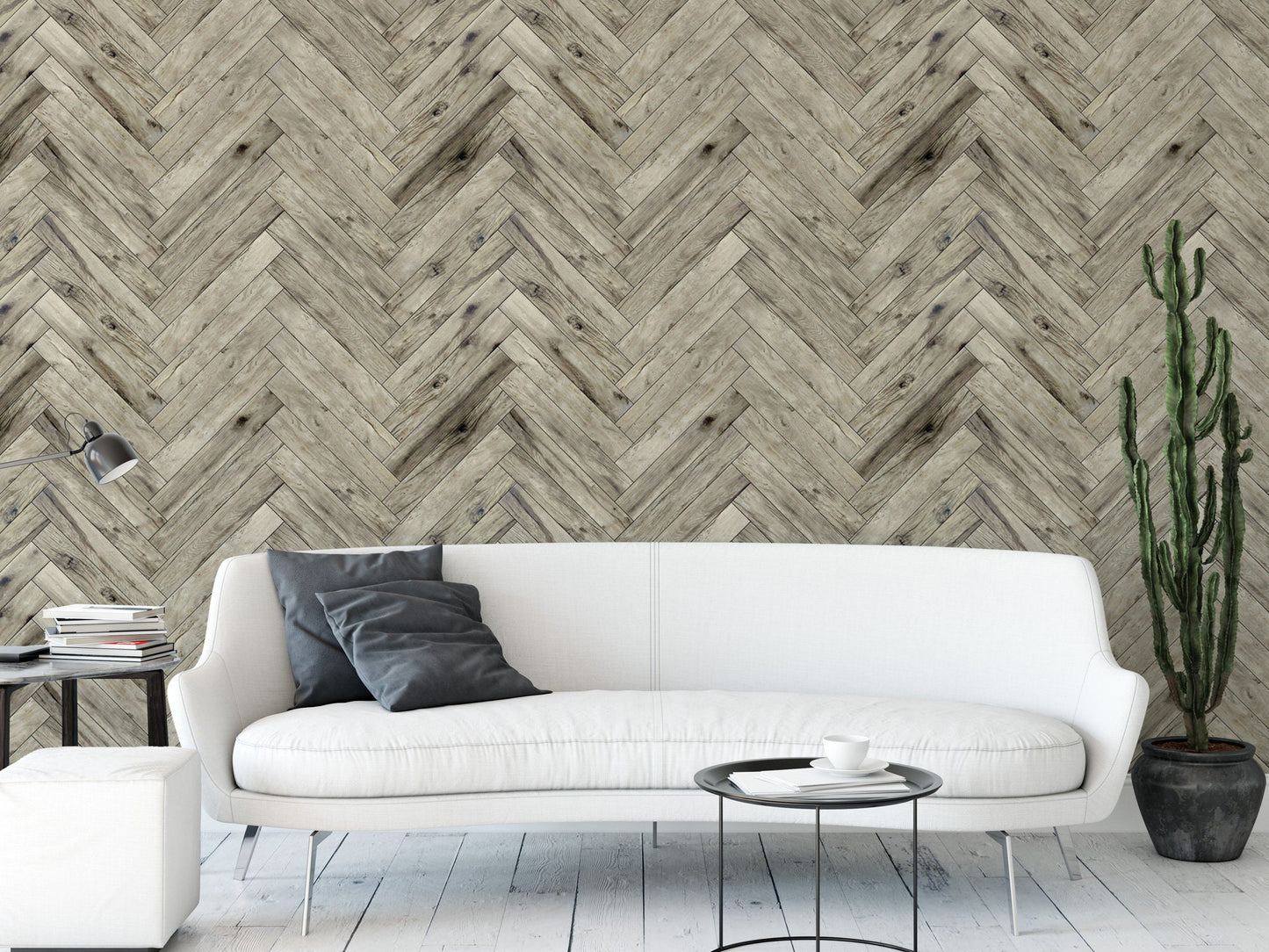 Distressed Wood Mural | Gray Parquet Texture Herringbone Peel and Stick Wallpaper (MW1621)