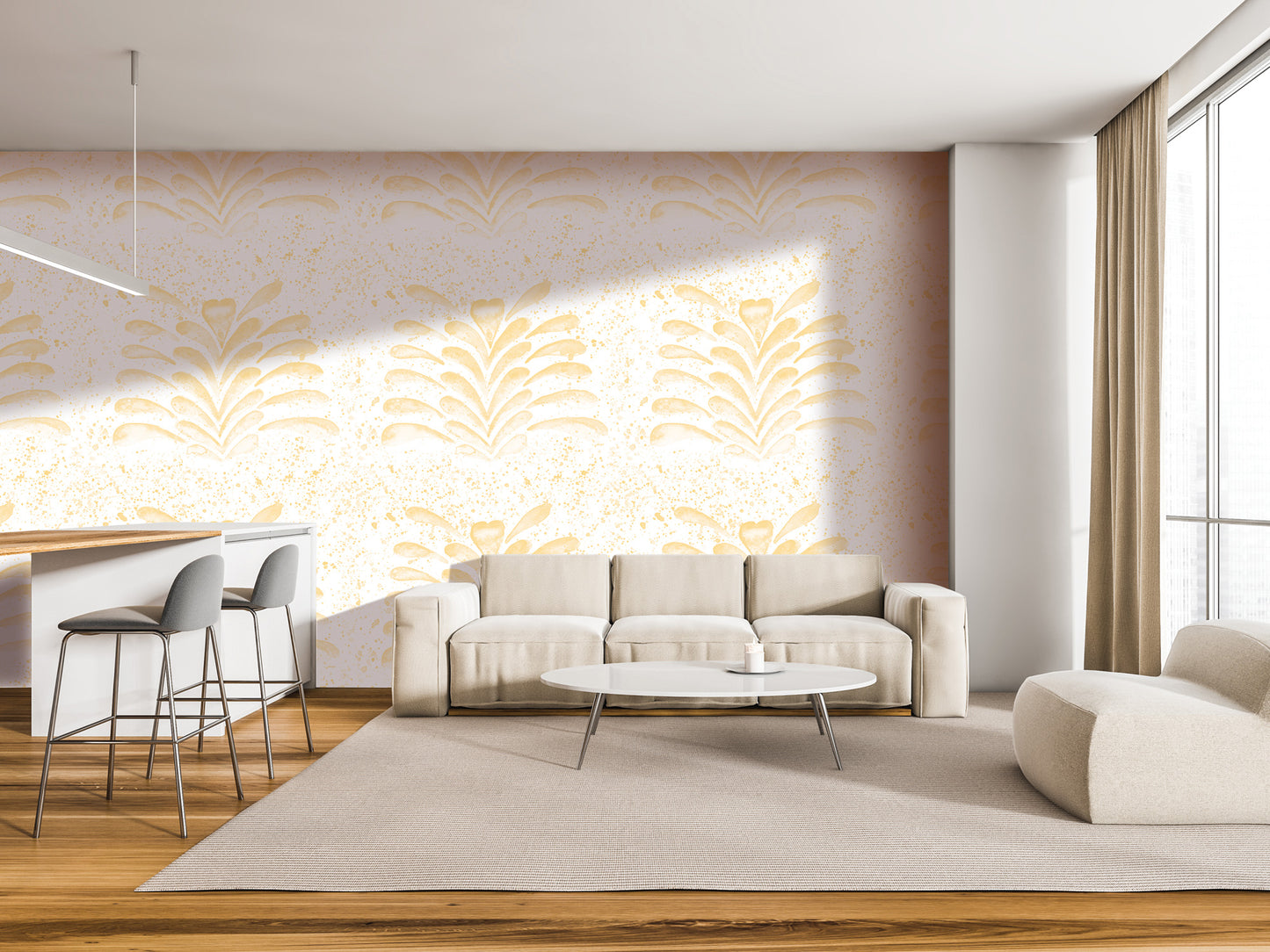 a modern living room with a white sofa, a round coffee table, and a barstool. The room has a neutral color scheme with a patterned wallpaper and a large window that allows natural light to fill the space.