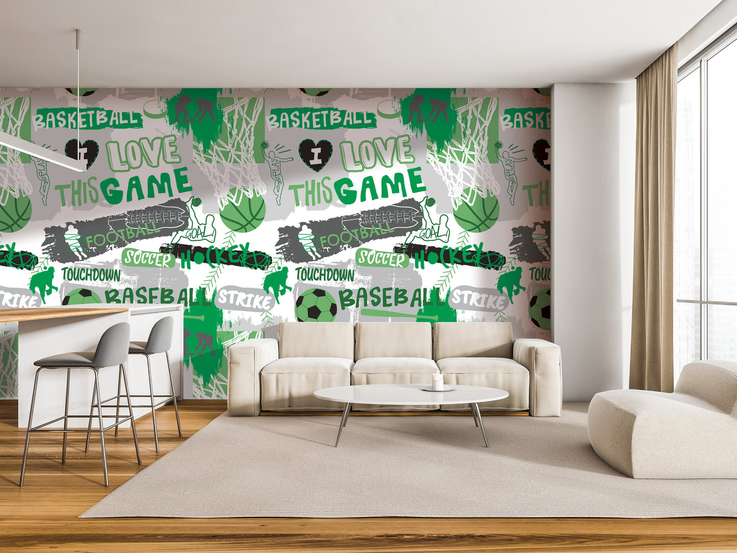 a modern living room with a white sofa, a coffee table, and a barstool. The walls are decorated with a vibrant green and white basketball-themed mural, which includes various basketball-related words and phrases such as "BASKETBALL", "LOVE THIS GAME", "FOOTBALL", "TOUCHDOWN", "BASEBALL", "STRIKE", and "HOCKEY".
