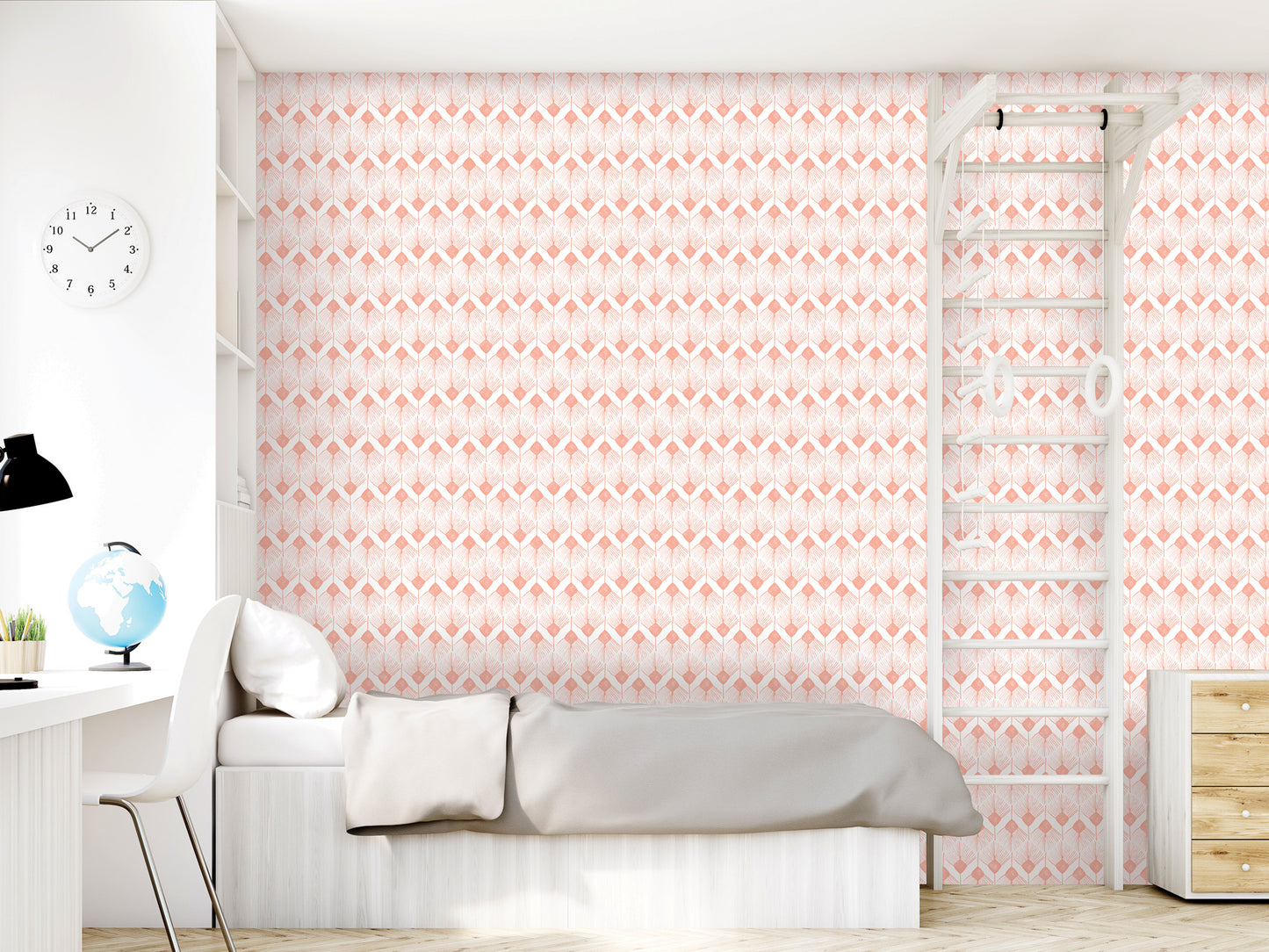 a modern bedroom with a white bed, a dresser, and a ladder. The walls are covered in a patterned wallpaper in shades of pink and orange.