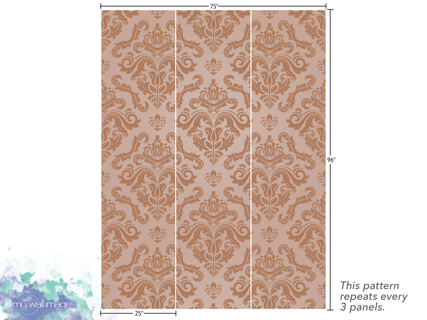 a repeating pattern of a decorative design, which appears to be a wallpaper or wall covering. The pattern repeats every 3 panels, and the image is described as a collage of multiple images. The image is not a single photograph but a collection of images that together create a larger visual effect.