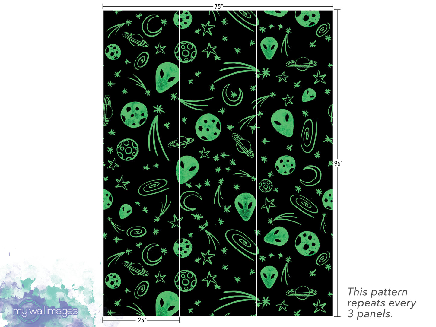The image is a wall decal featuring a repeating pattern of green alien and celestial objects, such as planets, stars, and comets, against a black background. The pattern repeats every 3 panels, as indicated by the text.