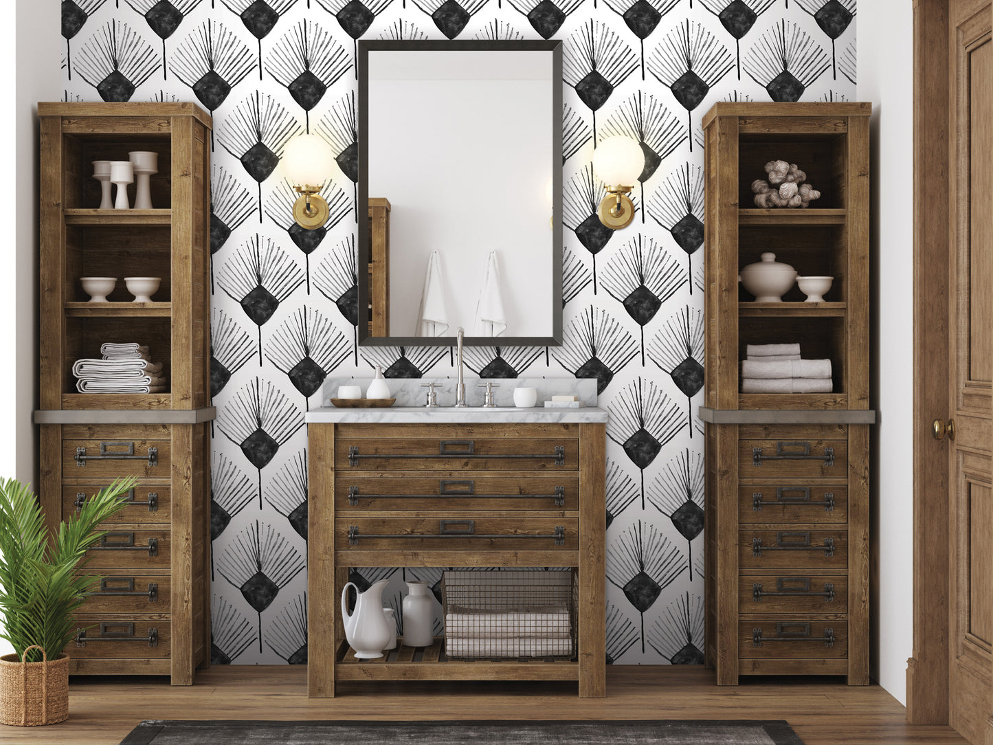 a modern bathroom with a wooden vanity, a mirror, and a black and white patterned wallpaper.