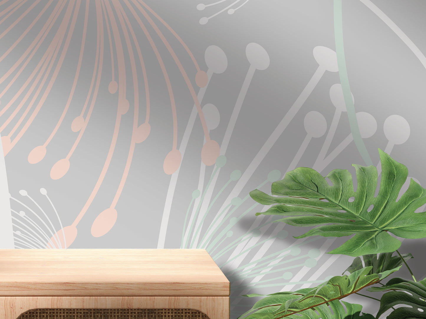 a wooden table with a plant on top of it, set against a wall with a patterned design.