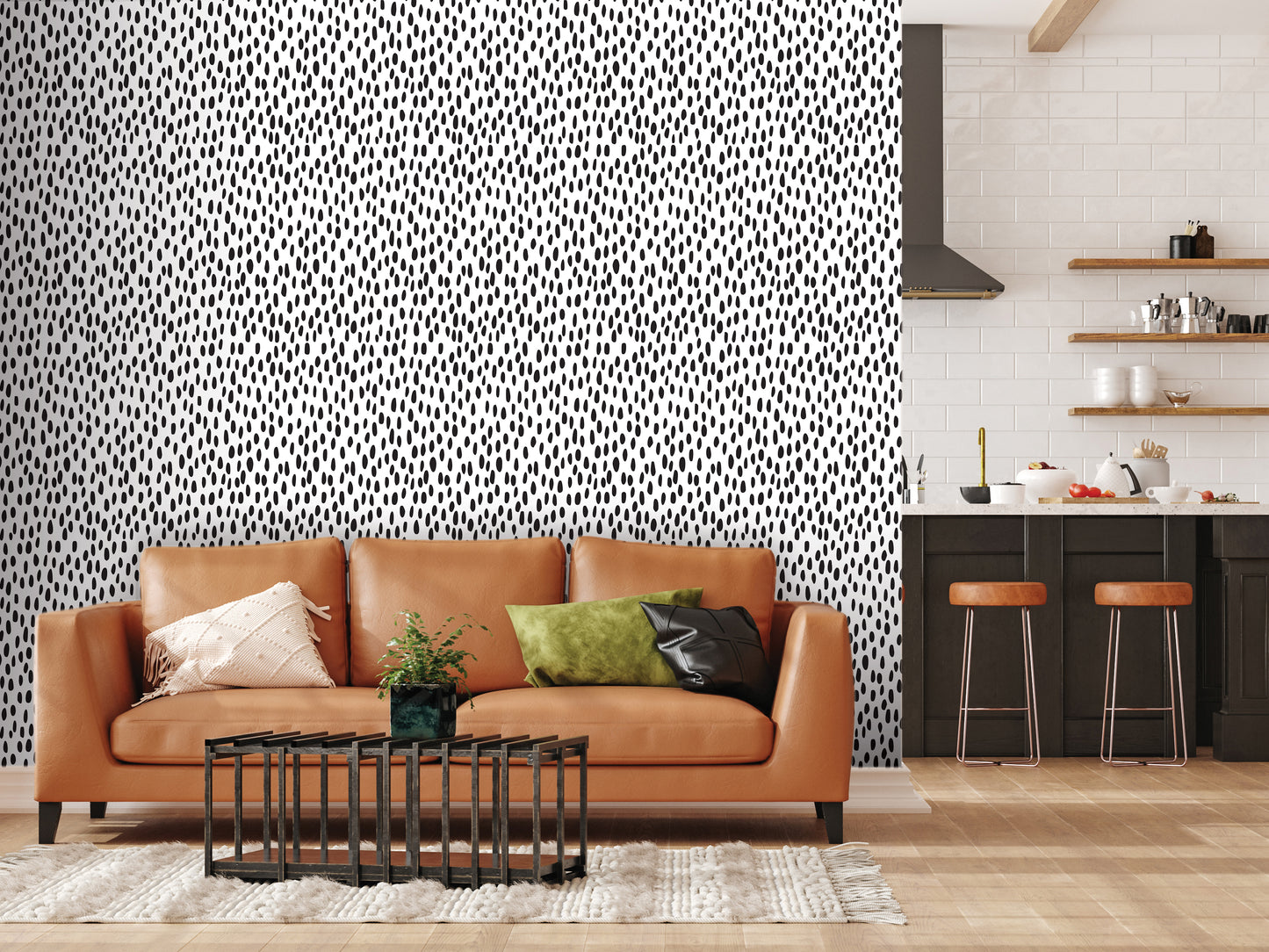 a modern living room with a brown leather sofa, a black coffee table, and a kitchen area with a counter and stools. The walls are covered in a black and white dotted pattern, and the floor is made of wood.