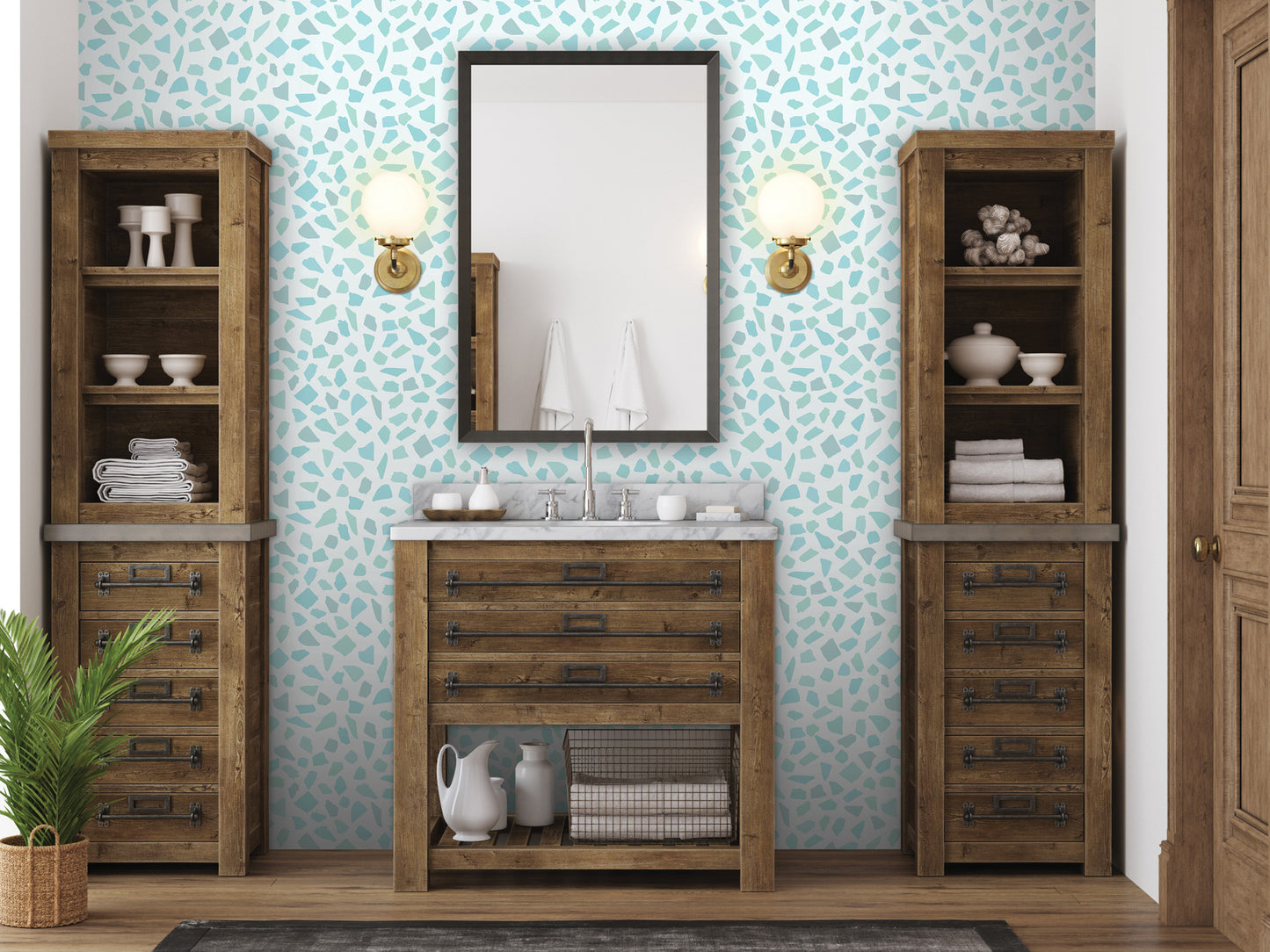 a modern bathroom with a wooden vanity, a mirror, and two wooden cabinets. The walls are covered in a patterned wallpaper, and there are two light fixtures above the mirror.