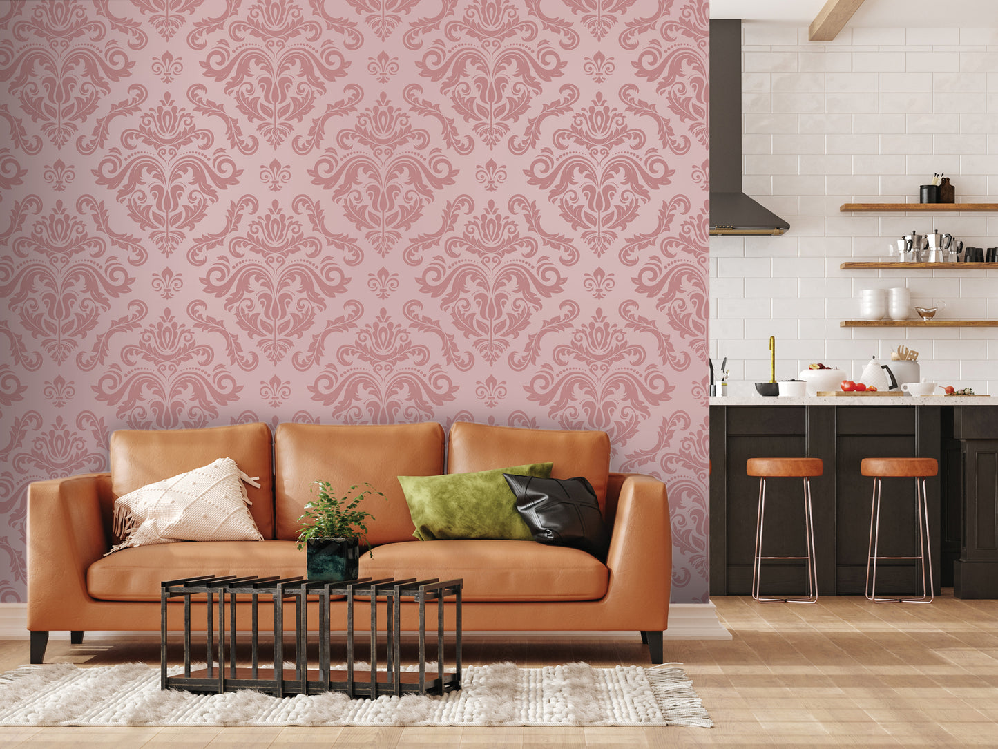 a living room with a brown leather sofa, a black coffee table, and a pink wall with a repeating floral pattern. The room also includes a kitchen area with a countertop and stools.