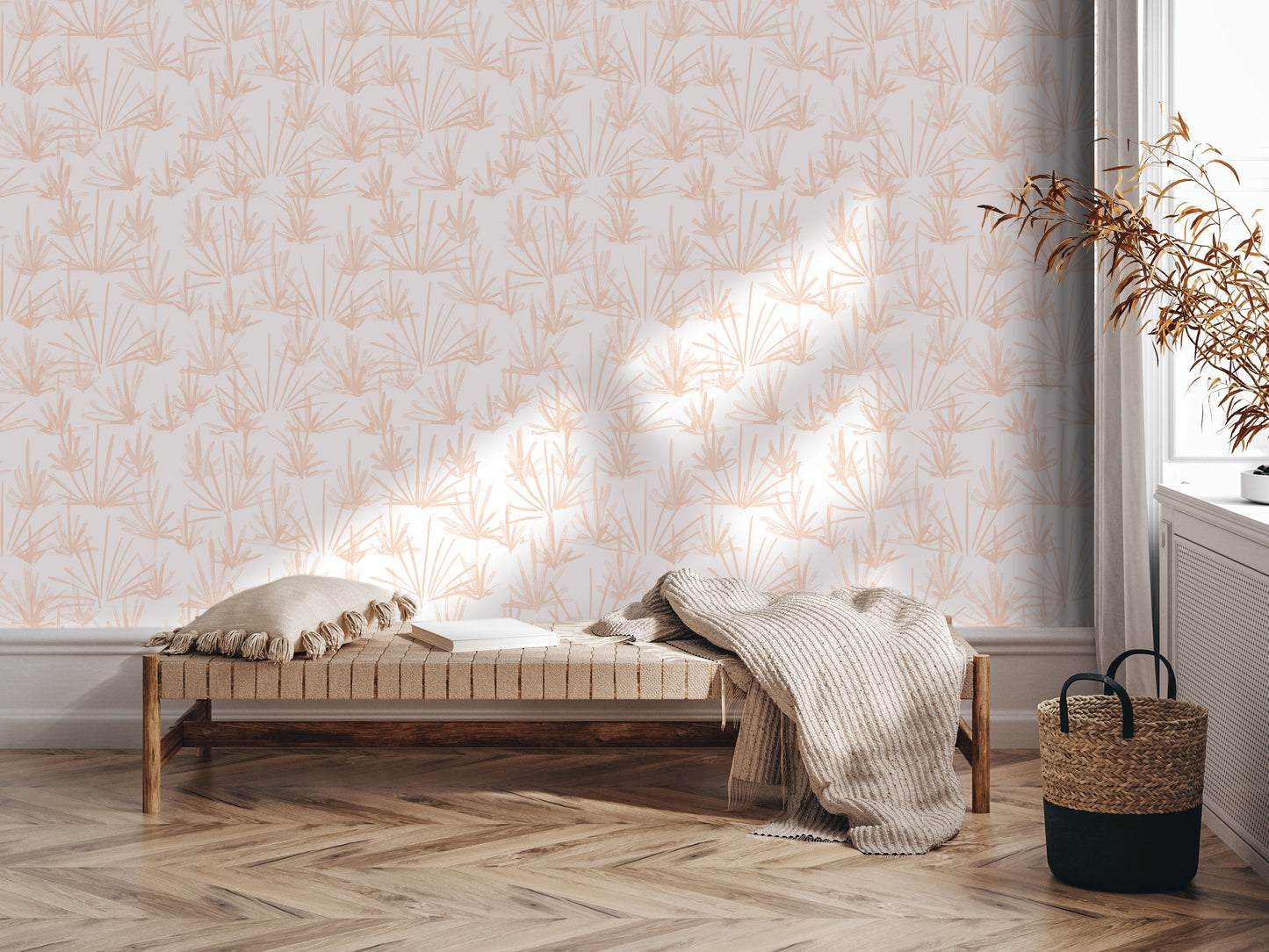 a cozy and inviting living space with a bench, a woven basket, and a potted plant. The bench is positioned against a wall with a patterned wallpaper, and the potted plant is placed next to the bench. The overall scene conveys a sense of comfort and relaxation.