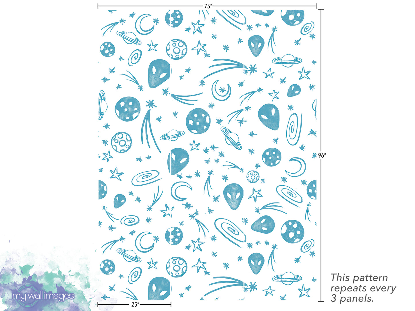 a repeating pattern of various celestial objects, including planets, stars, and comets, arranged in a visually appealing and dynamic manner. The pattern repeats every 3 panels, creating a sense of rhythm and movement across the image.