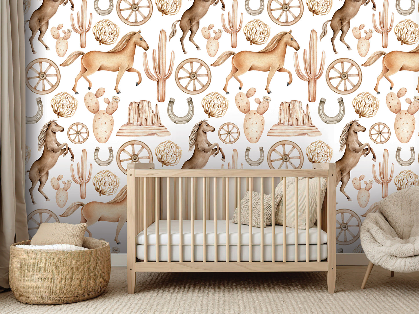 a nursery room with a wooden crib, a woven basket, and a plush chair. The walls are decorated with a repeating pattern of horses, cacti, and other desert-themed elements.