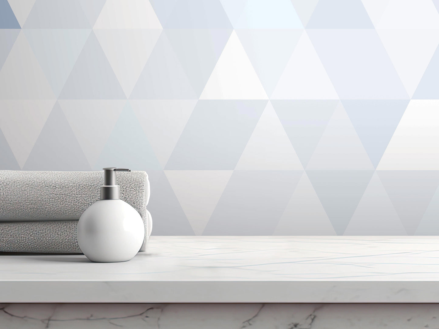 A white soap dispenser sits on a white marble countertop, with a folded towel and a geometric patterned wall behind it.
