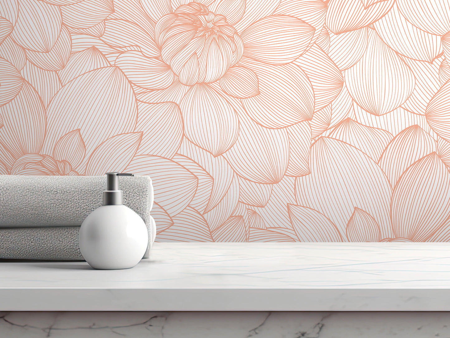 a white soap dispenser on a white marble countertop, with a folded towel and a white bottle behind it. The background is a wall with a floral pattern in shades of peach and white.