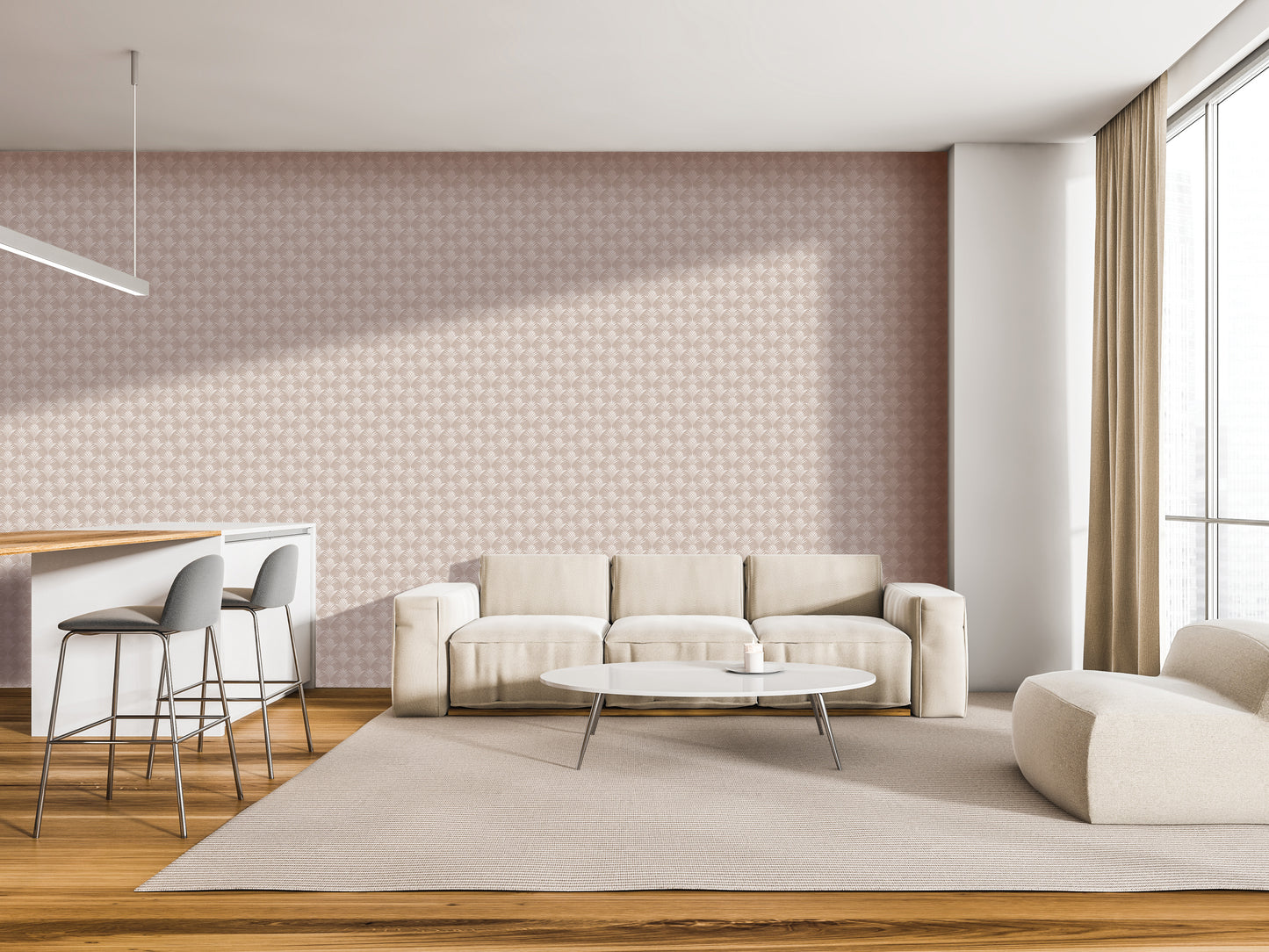 a modern living room with a beige sofa, a round coffee table, and a barstool set up. The room has a neutral color scheme and features a large window, a rug, and a wooden floor.