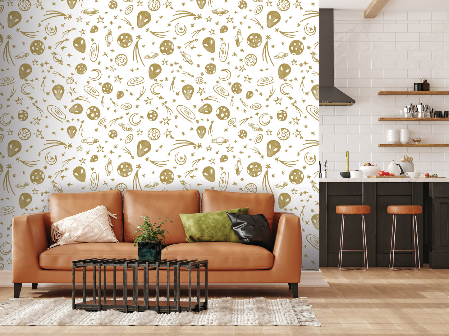 a modern living room with a brown leather sofa, a black coffee table, and a kitchen area with a counter and stools. The wall behind the sofa is decorated with a pattern of gold stars and other celestial objects, creating a celestial ambiance.
