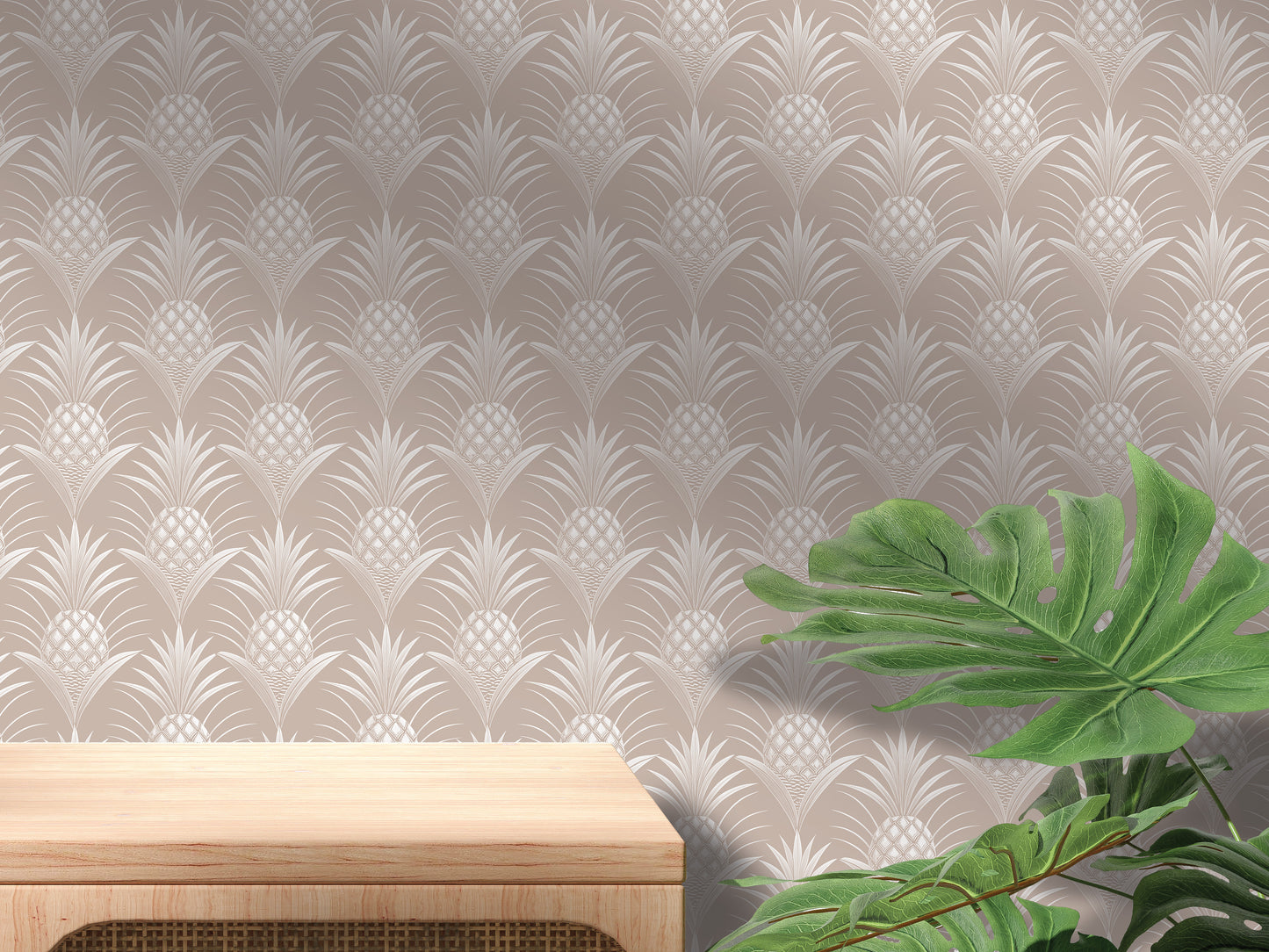 a wooden table with a plant on top of it, set against a wall with a repeating pattern of white pineapples.