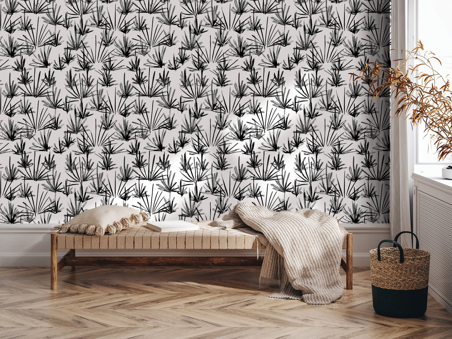 a modern interior design with a black and white patterned wallpaper, a wooden bench, a woven basket, and a potted plant.