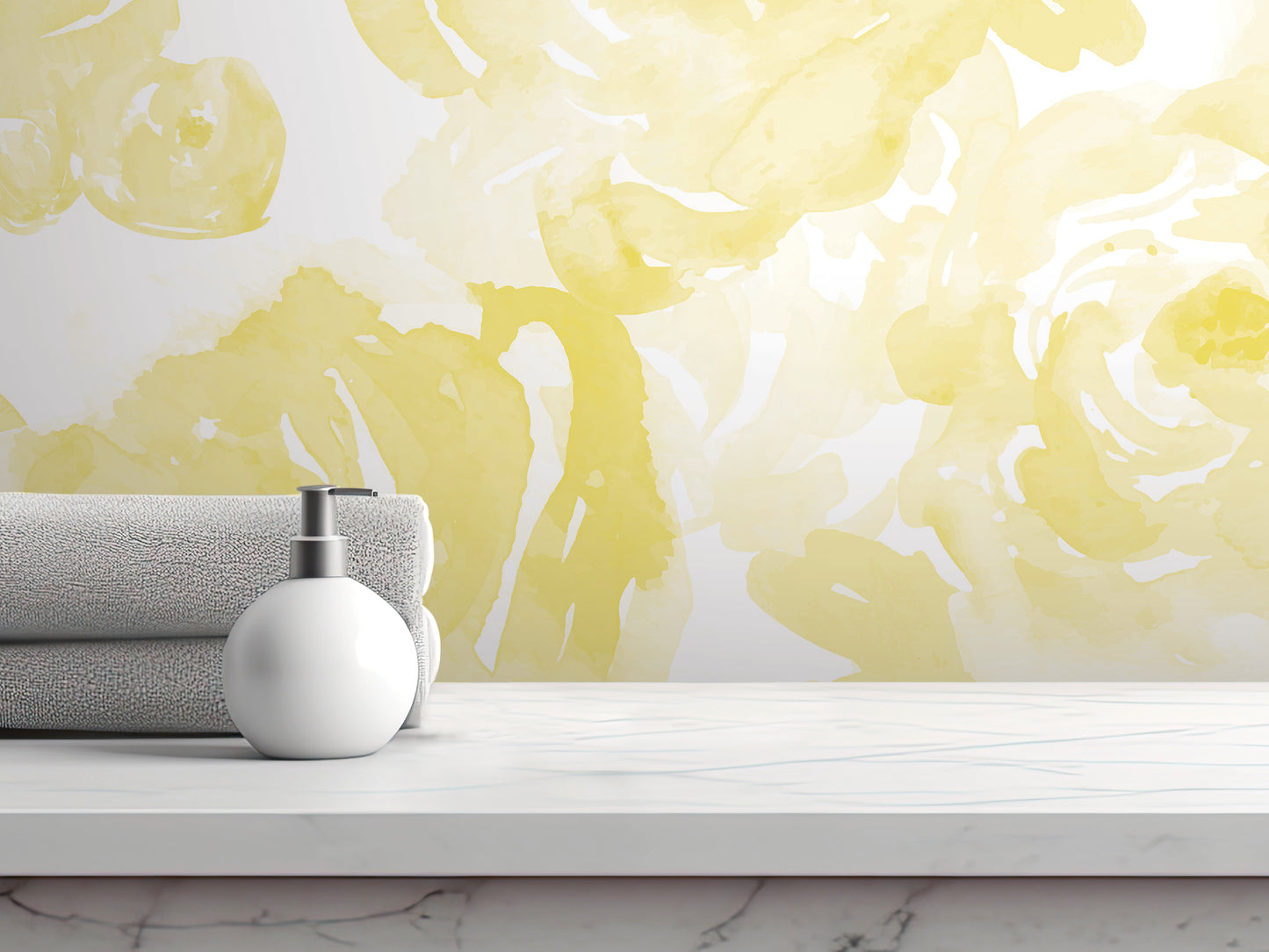 A white soap dispenser sits on a white marble countertop, with rolled towels and a yellow floral wallpaper in the background.