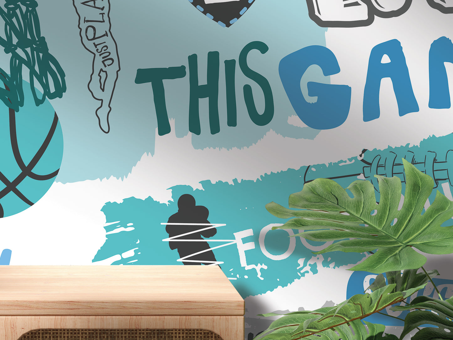 The image is a colorful wall mural with various abstract and stylized elements, including a basketball, a person, and other shapes and patterns.