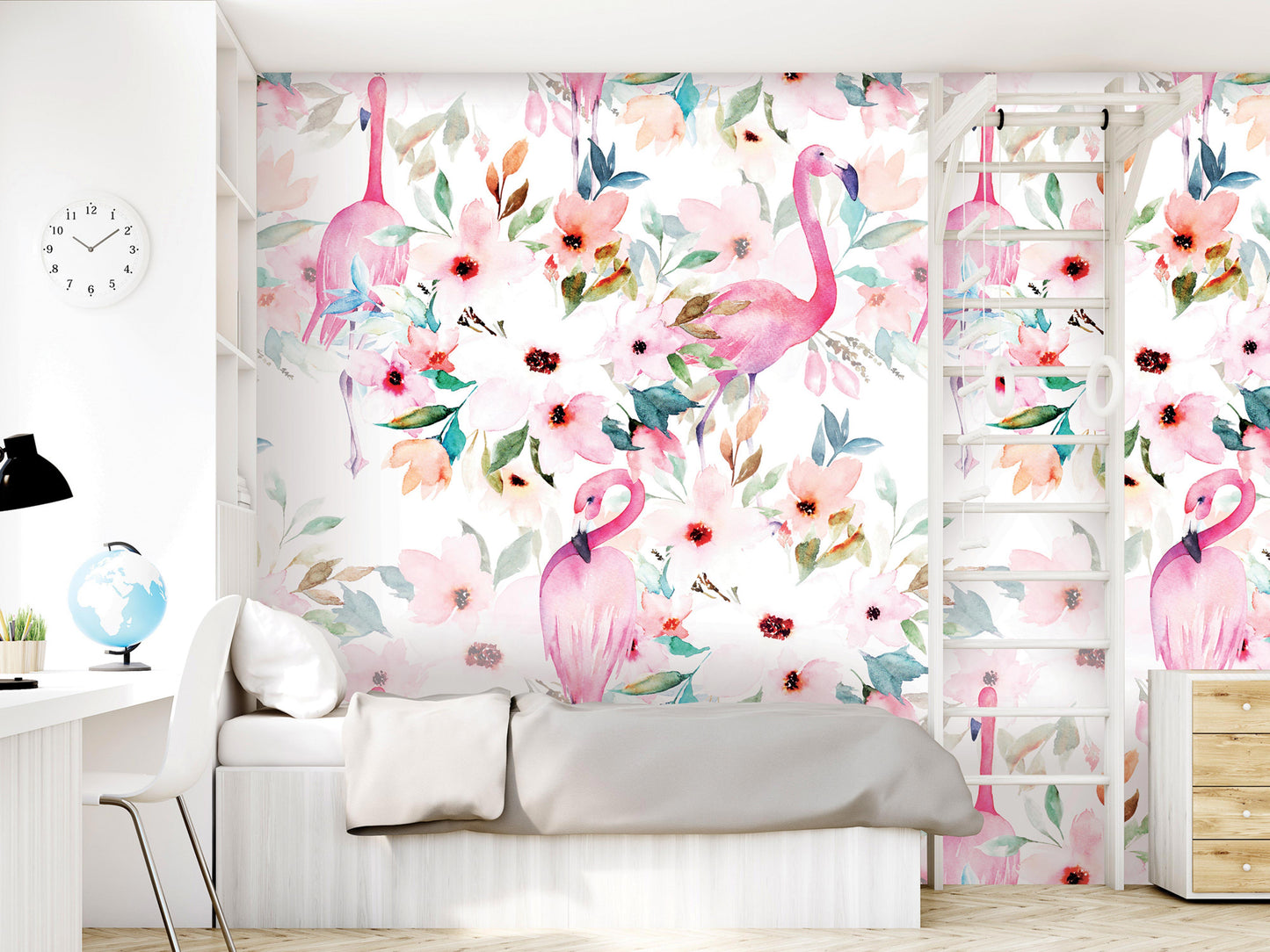 a bedroom with a pink flamingo wallpaper on the wall, a bed with a gray comforter, a dresser, and a clock on the wall.