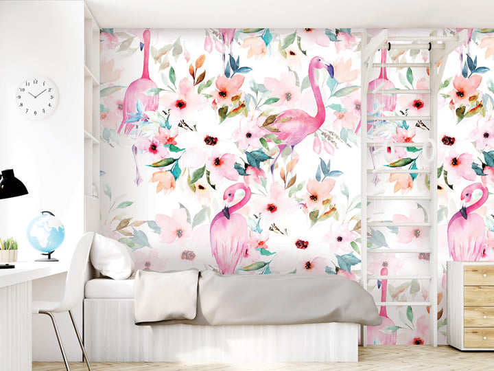 a bedroom with a pink flamingo wallpaper on the wall, a bed with a gray comforter, a dresser, and a clock on the wall.
