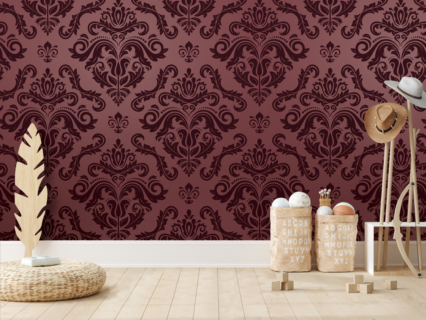 a room with a burgundy wallpapered wall, a wicker basket, a wooden stool, and a hat rack. The room appears to be a living or dining area with a cozy and inviting atmosphere.
