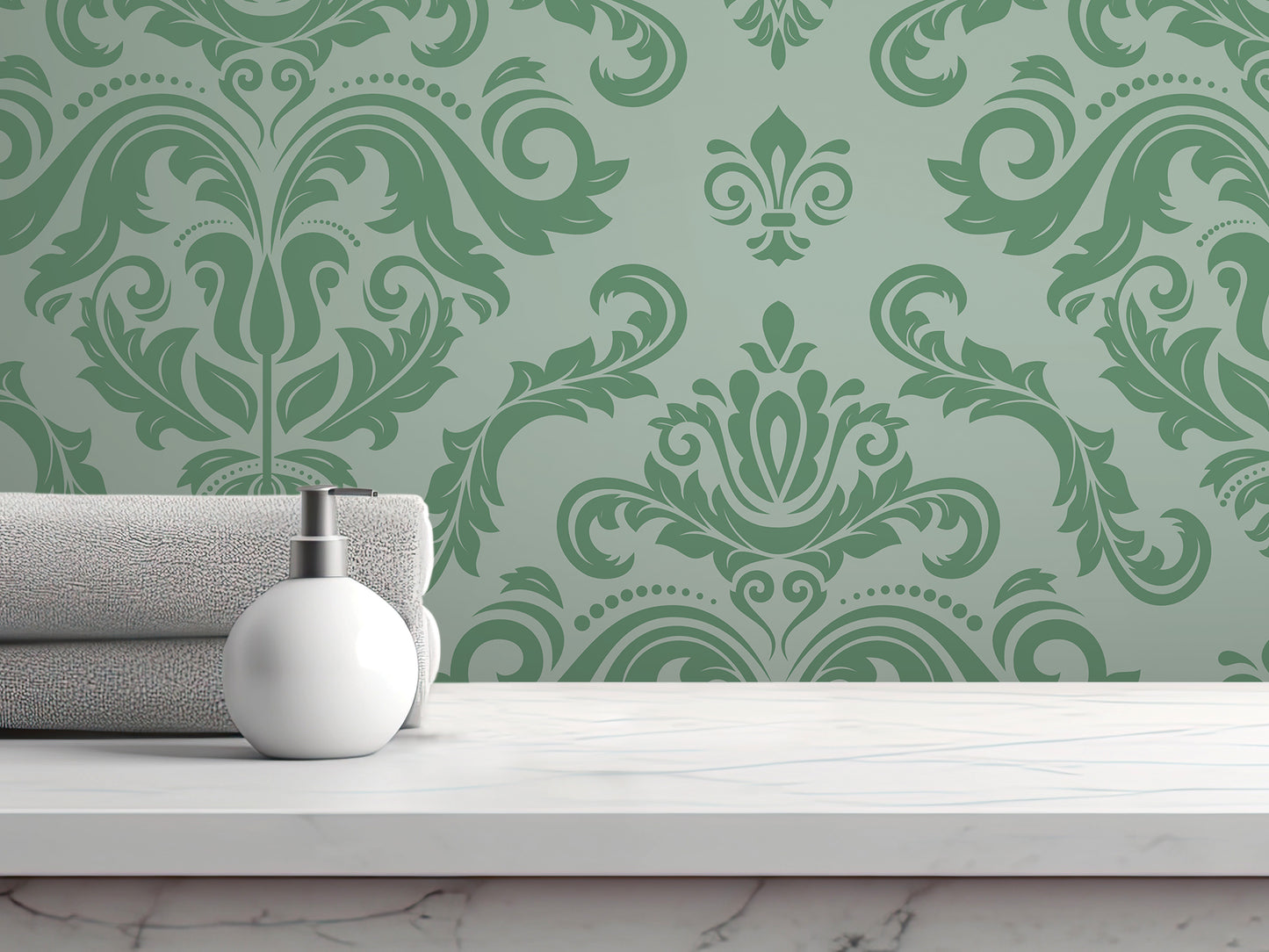a white soap dispenser on a white marble countertop, with a folded towel and a green and white damask wallpaper in the background.