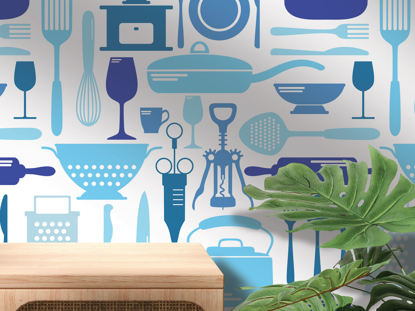 a kitchen wall with blue and white wallpaper